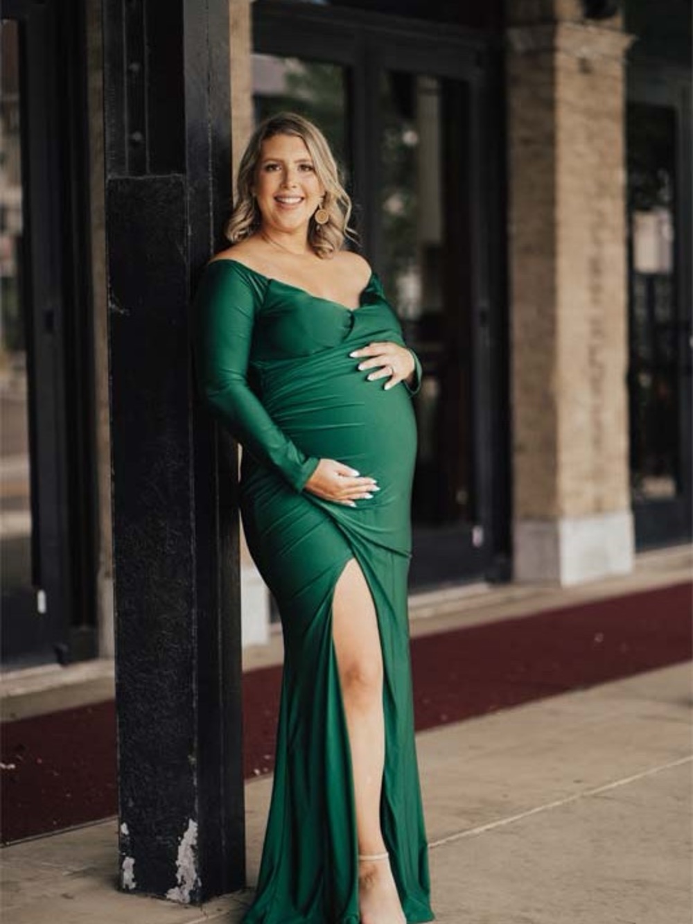Long Sleeve Emerald Green Maternity Gown with High Slit